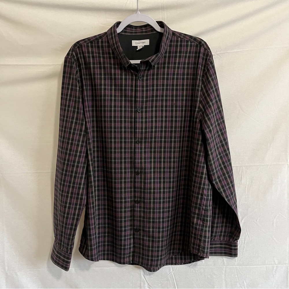Calvin Klein Plaid Button Down Long Sleeve Shirt Black Purple Size XL